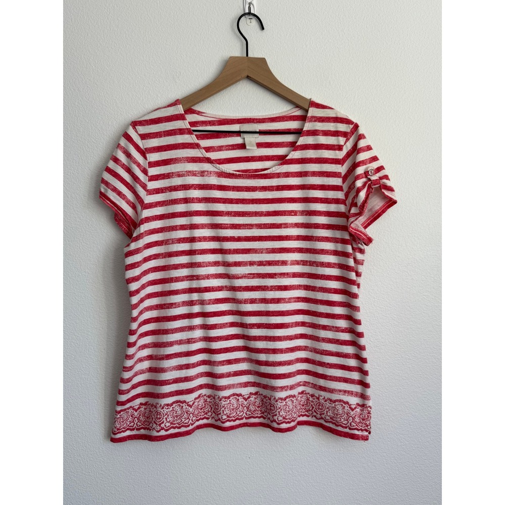 Chico's Striped Tee Size 2 Red White Coastal Boho Cotton Paisley Hem Top